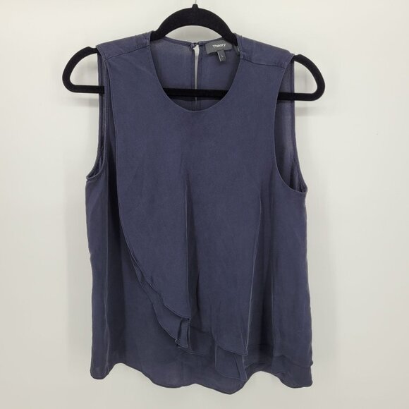Theory womens Large Blue Elmali Classic 100% silk sleeveless layered blouse - Picture 8 of 8